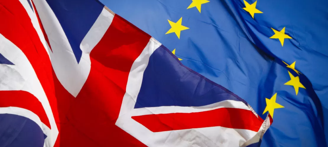 EU flag with Union Jack flag 