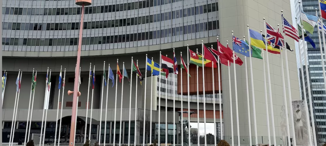 The United Nations building in Vienna with rows of national flags