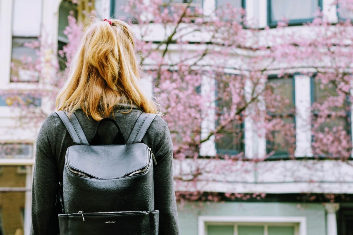 woman wit bag from back looking at building