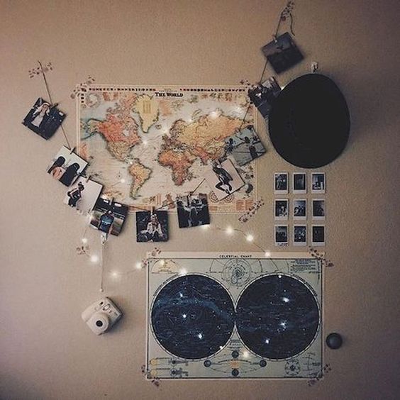 world map and other souvenirs at wall
