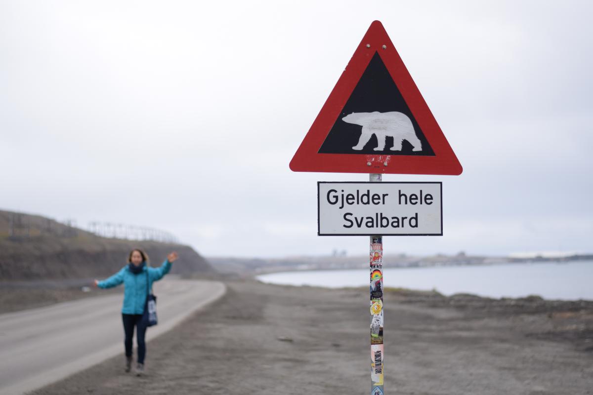 sign with bear, woman in background