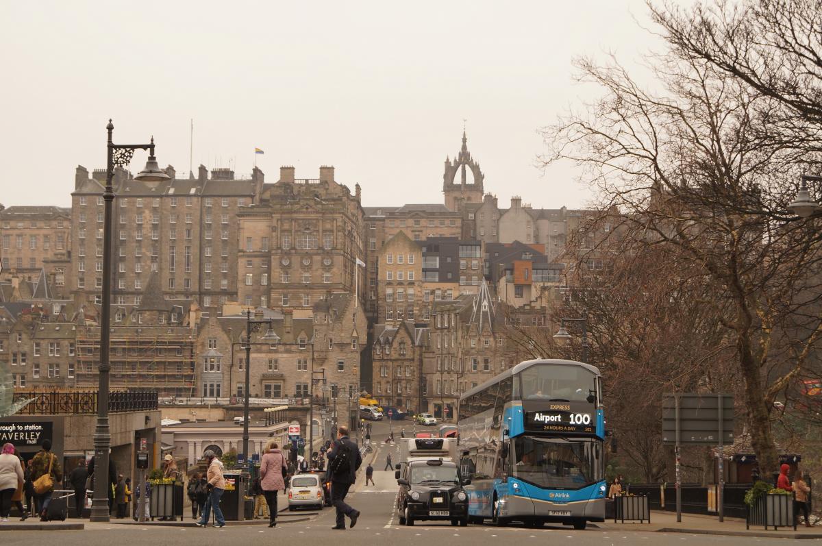 traffic and buildings in back