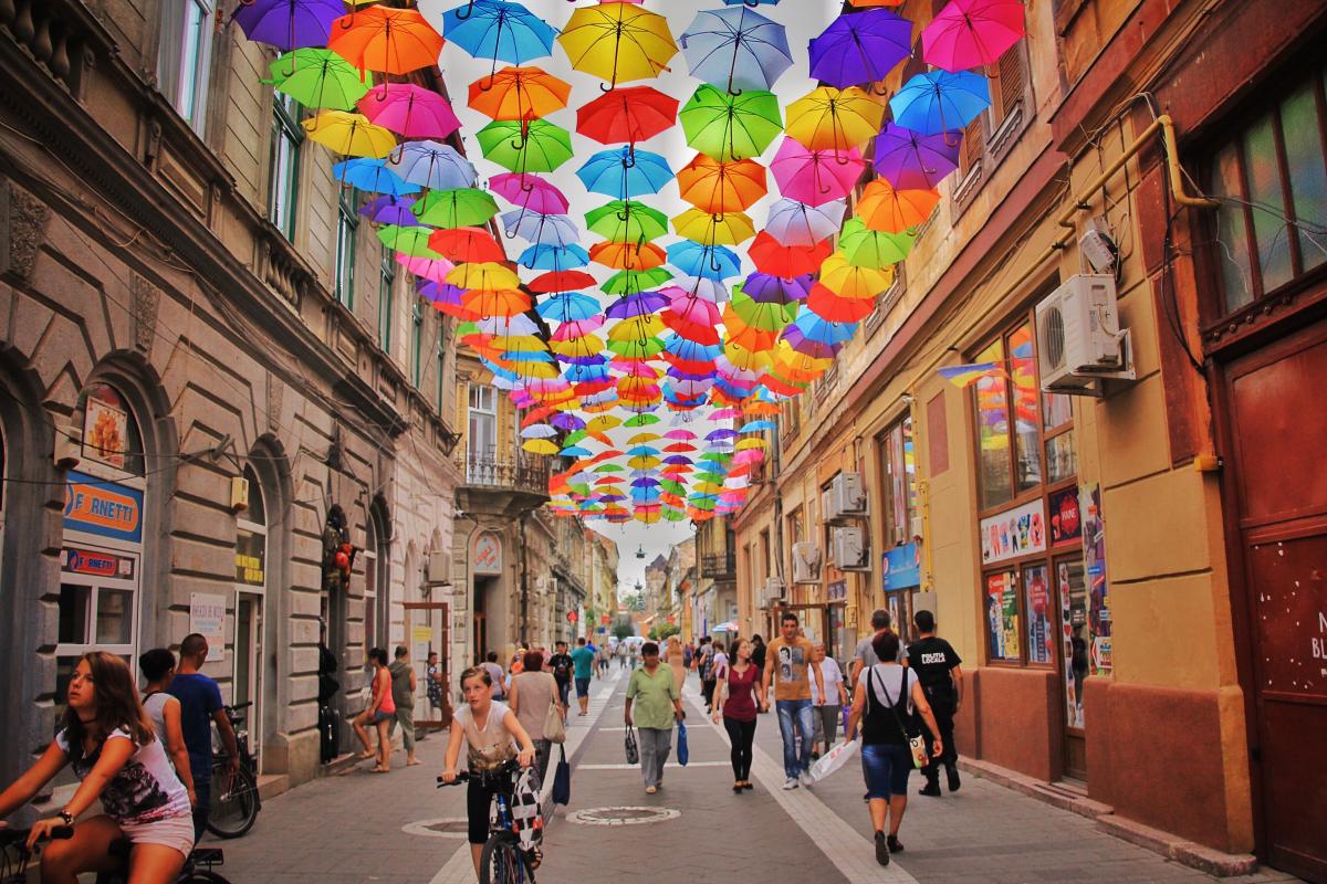 colourful umbrella in street