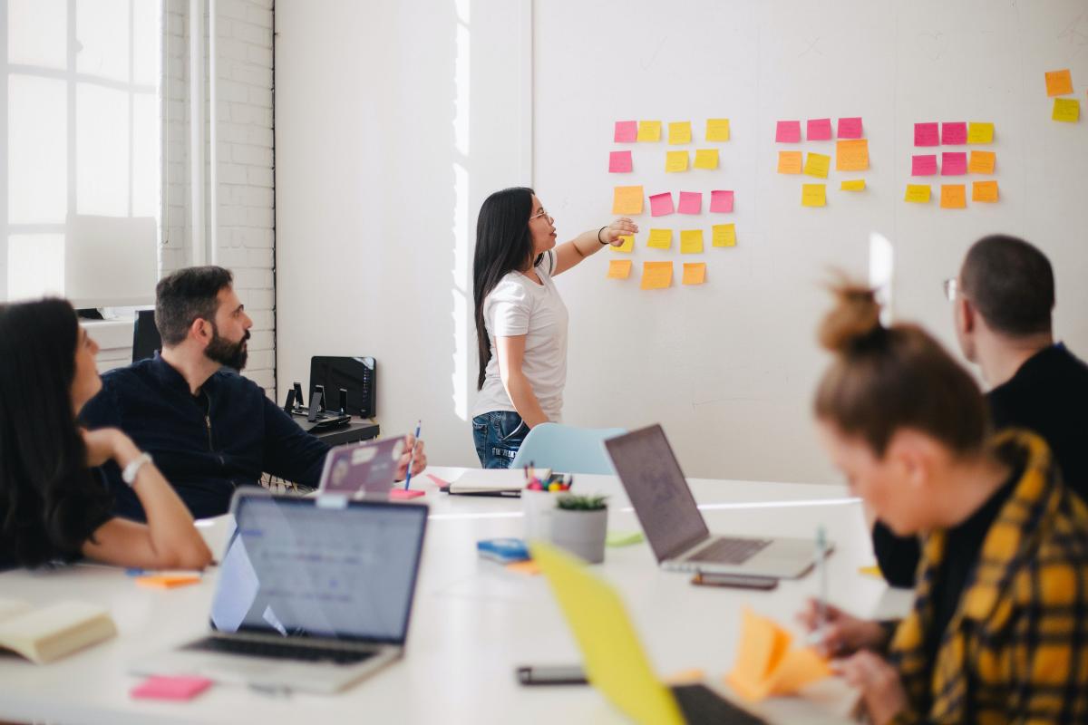 people working, post-it on wall