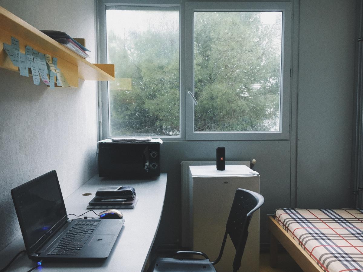 bedroom, rainy weather through window