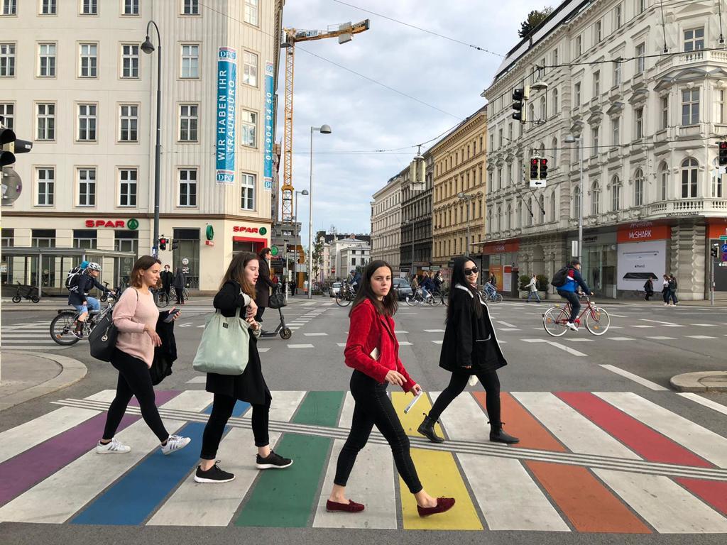 crossing colourful pedestrians