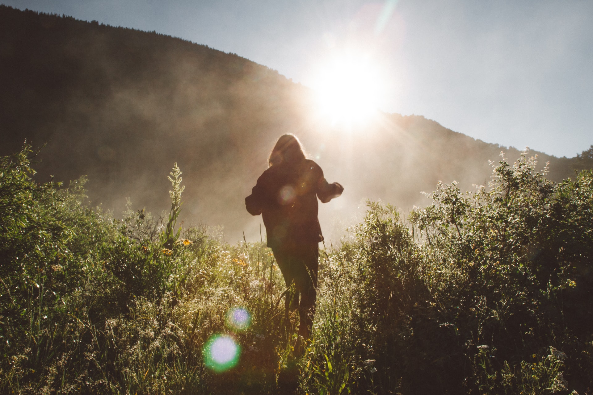 A silhouette of a person exploring nature