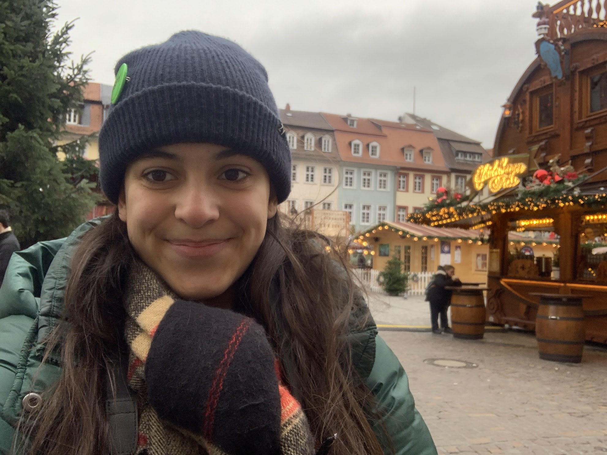 In the Heidelberg Christmas Market - little colorful houses and wooden stands in the background.
