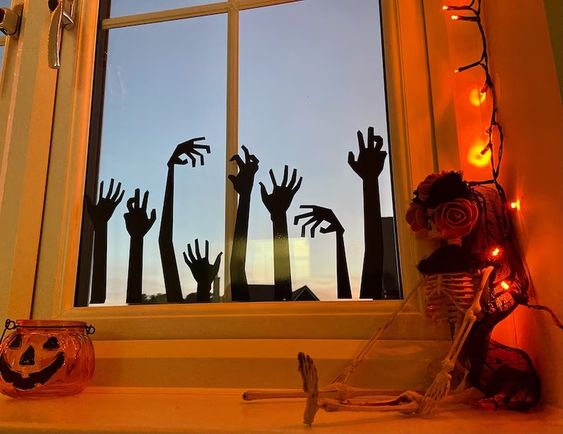 Fake hands decorations in a window