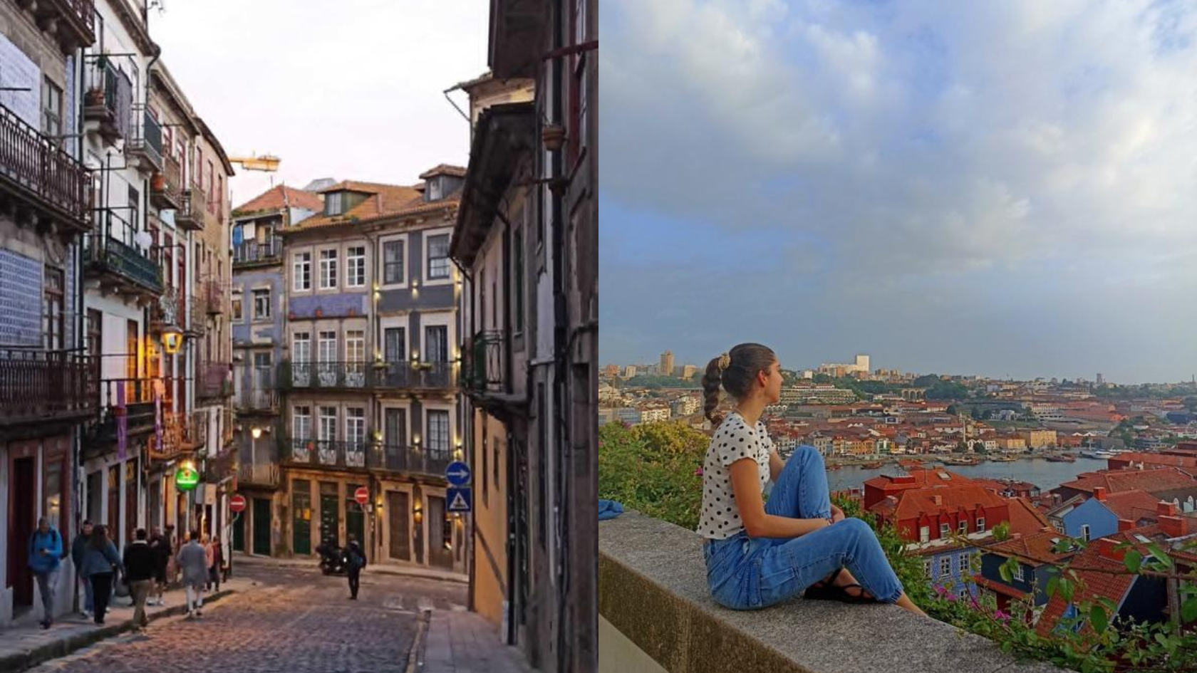 A street of Porto in the left and a girl looking at Porto in a city viewpoint.