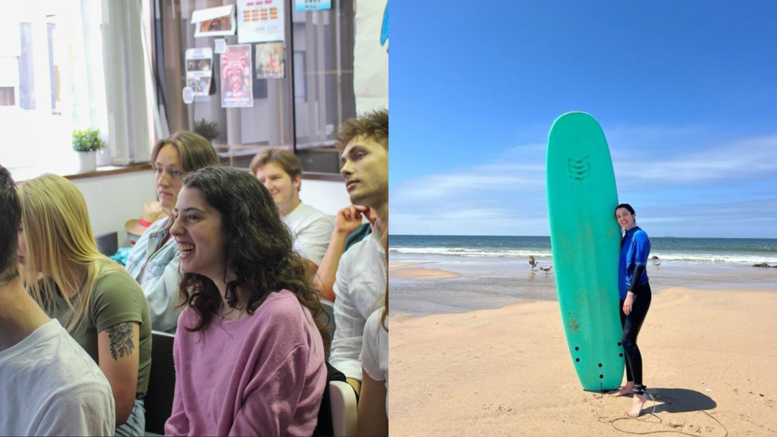 A girl smiling in a group of young people sitting in a classroom on the left and a girl on a beach with a surfboard.