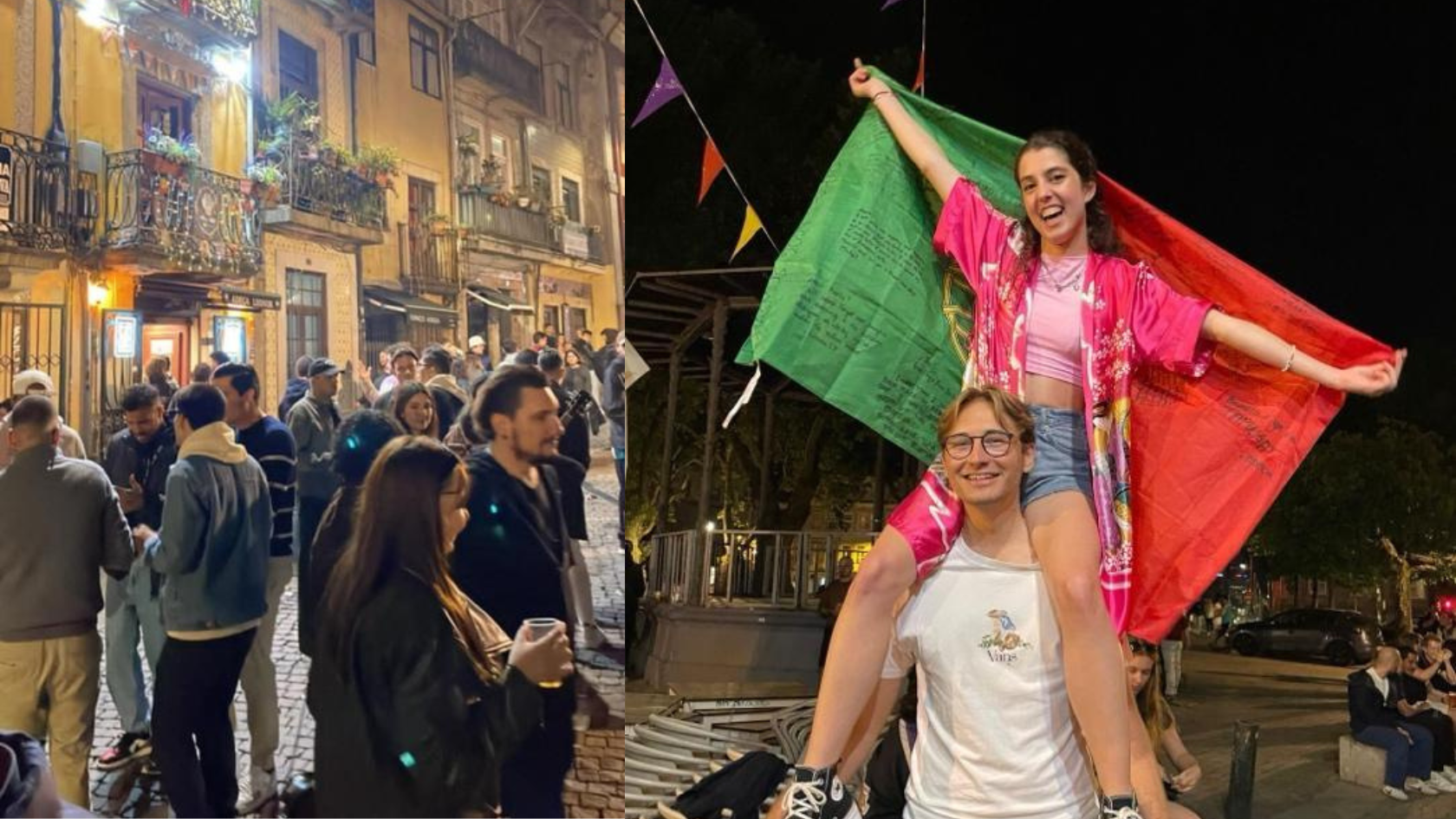 A street of Porto filled with people at night on the left and Maria sitting on a friend's shoulders with a Portuguese flag on the right.