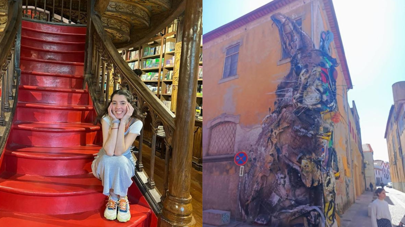 A girl sitting on a red staircase on the left and a mural on a building on the right.