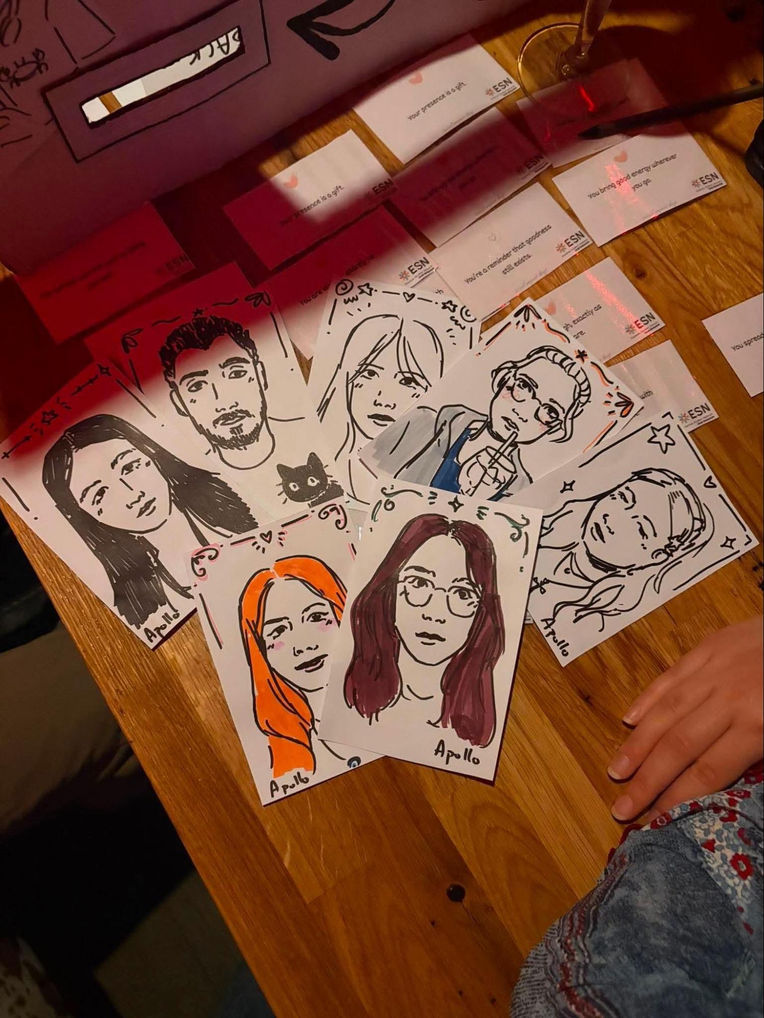 The image shows seven portraits hand made by students