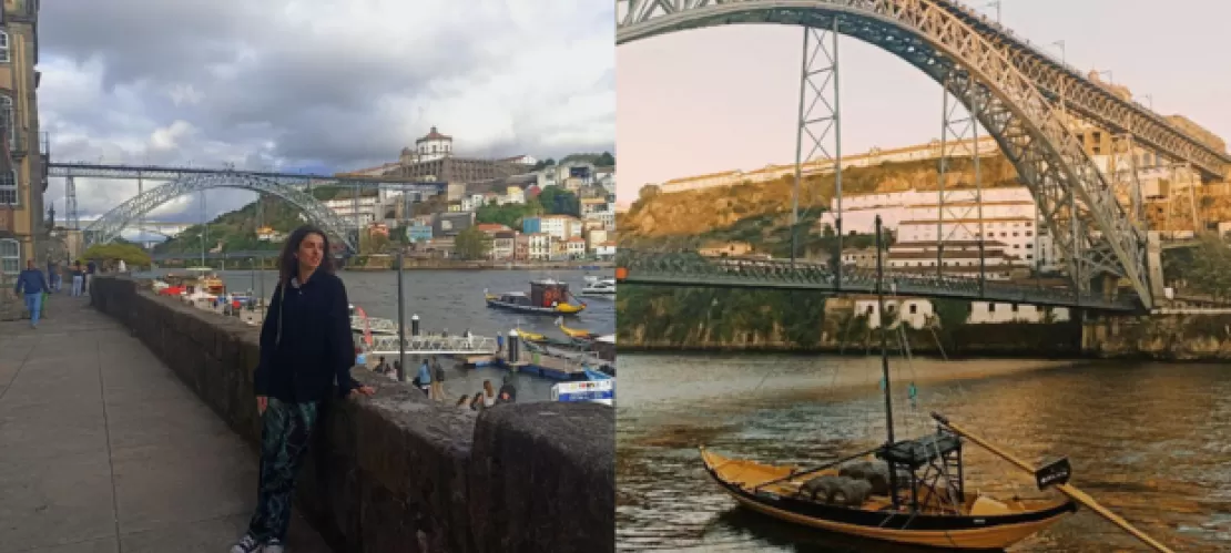 In the left picture, a girl standing next to the Douro river with Luís I Bridge in the background. On the right picture, a boat crossing under the Luís I Bridge.