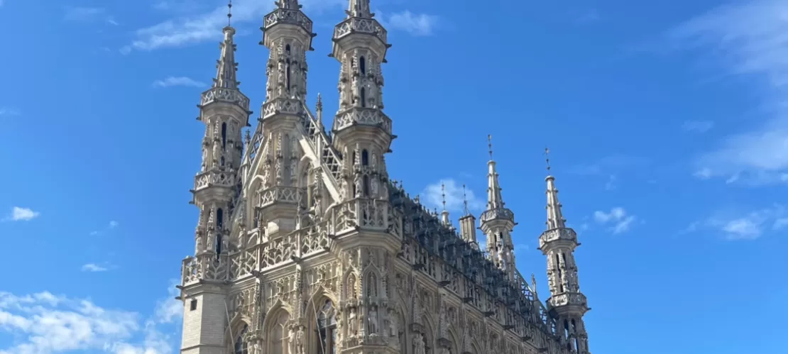 Leuven’s historic city center under a bright blue sky.