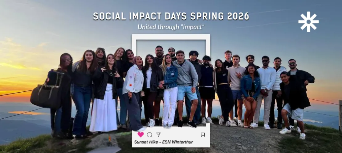 The image shows a group of young people on the top of a mountain with the sunset in the background. the title is "Social Impact days Spring 2026 and subtitle: "United through “Impact” 
