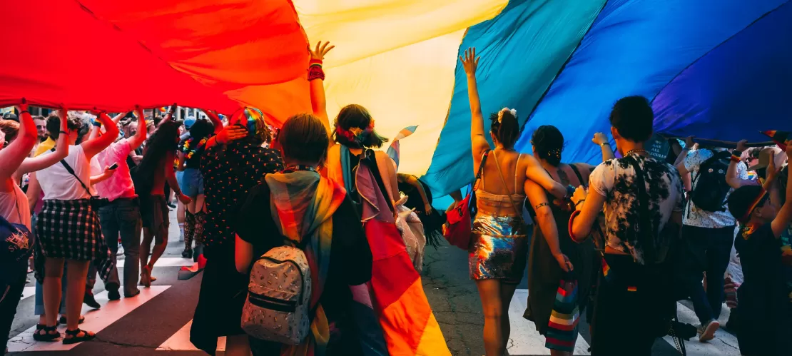 people under a rainbow flag
