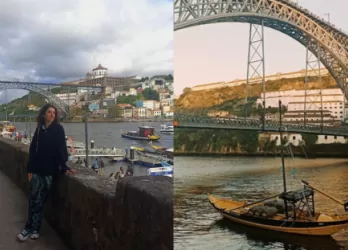 In the left picture, a girl standing next to the Douro river with Luís I Bridge in the background. On the right picture, a boat crossing under the Luís I Bridge.