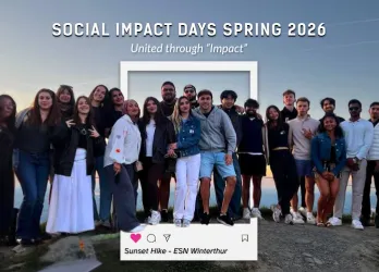 The image shows a group of young people on the top of a mountain with the sunset in the background. the title is "Social Impact days Spring 2026 and subtitle: "United through “Impact” 